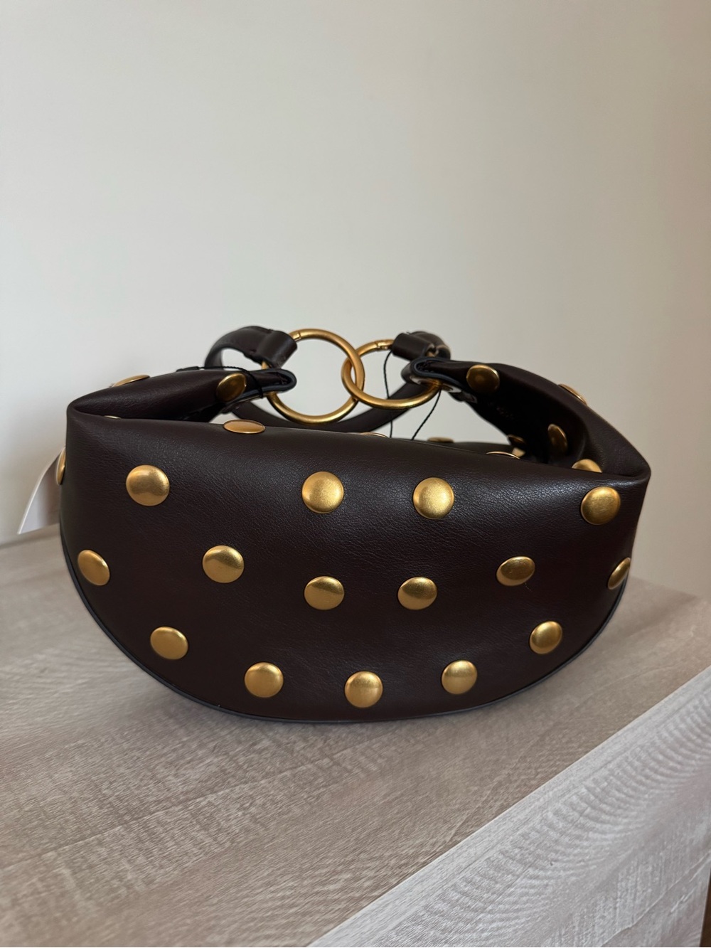 Zara Dark Brown Leather Studded Bag with Gold Rings